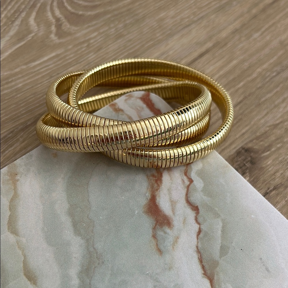 Gold Ribbed Bracelets with Shiny Finish